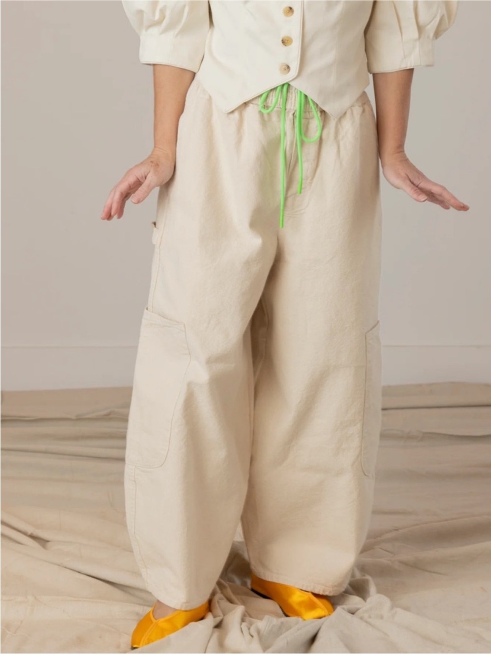 Cream Wide-Leg Cargo Trousers with Drawstring